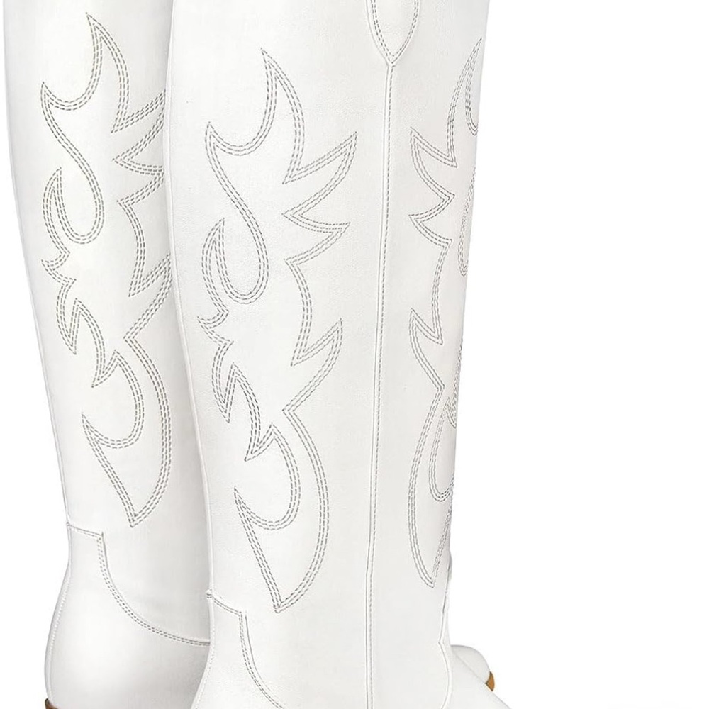 White Embroidered Women's Western Style Knee High Boots